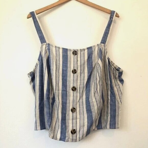 NEW NWT TORRID 3 Plus Size Linen Blend Button Crop Tank Top Beige Blue Stripe 3X - Picture 2 of 10